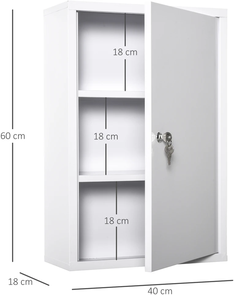 Koduva Balta rakinama metalinė vaistų spintelė su 3 skyriais, 40 × 18 × 60 cm