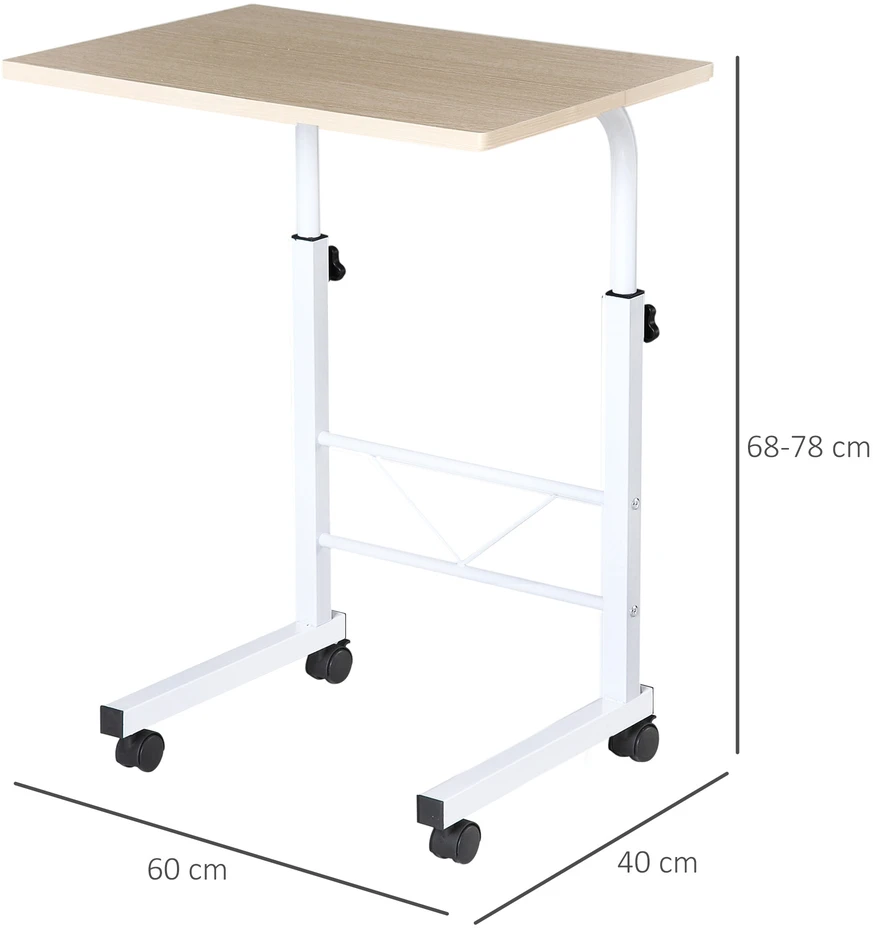 Aosom Baltas klevo spalvos reguliuojamas C formos staliukas su ratukais, 60 × 40 cm