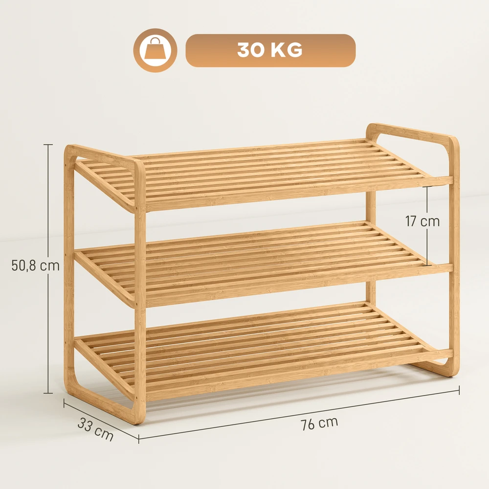 Aosom Bambukinė batų lentyna, 3 pakopų, natūralios medienos spalvos, 30 kg