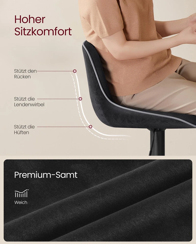 Songmics Baro kėdžių komplektas, 2 vnt., reguliuojamo aukščio, aksomas, juodas