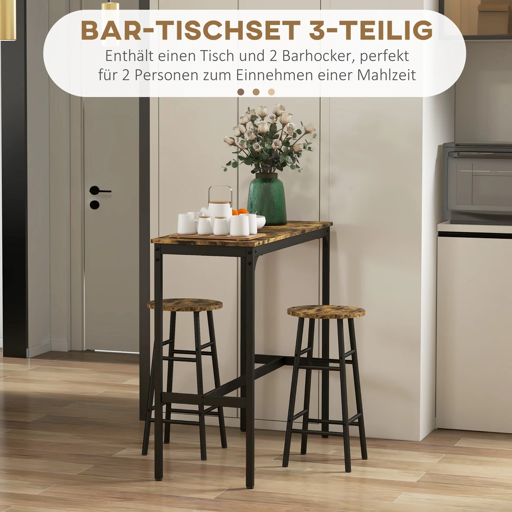 Aosom Baro stalas su 2 taburetėmis, industrinis dizainas, rusvai rudas, 3 dalių rinkinys
