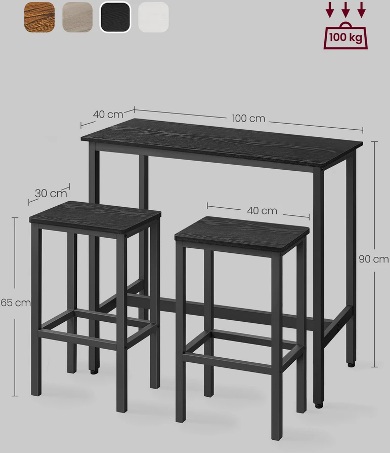 Songmics Baro stalo ir 2 baro kėdžių komplektas, 100 x 40 x 90 cm, vintažinės rudos ir juodos spalvos