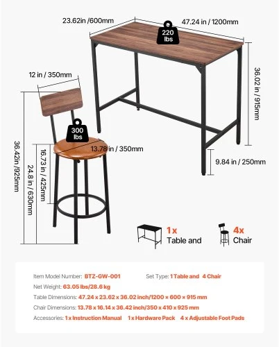 Koduva Baro stalo ir taburečių komplektas VEVOR, 5 dalių, riešuto spalvos, juodas, stalas 120 x 60 x 92 cm