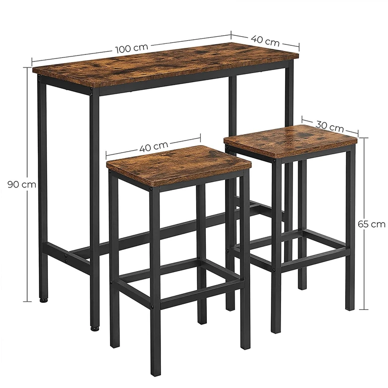 Songmics Baro stalo komplektas, 100 x 40 x 90 cm, su 2 baro kėdėmis, pramoninio stiliaus, rudos-juodos spalvos