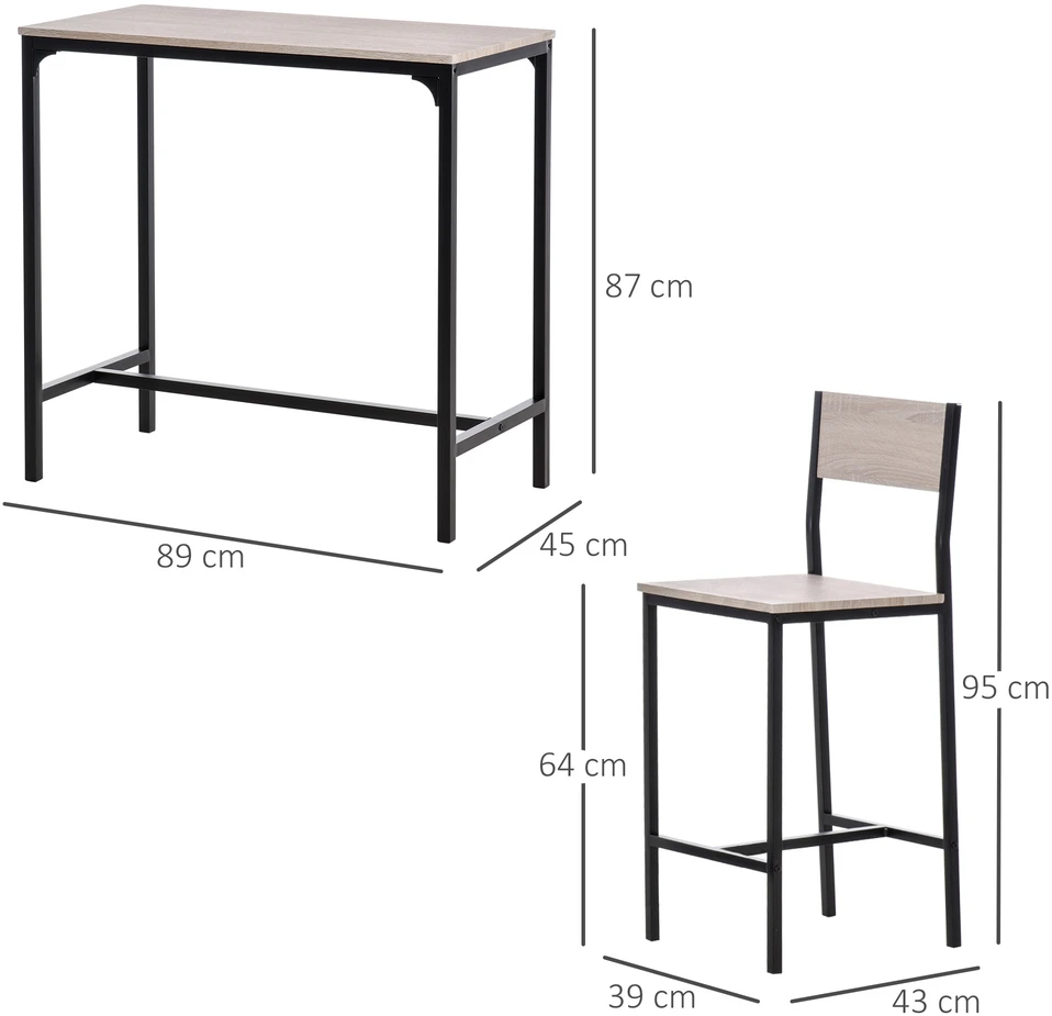 Aosom Baro stalo komplektas, 3 dalių, natūralus, juodas, MDF ir metalas, 89 x 45 x 87 cm