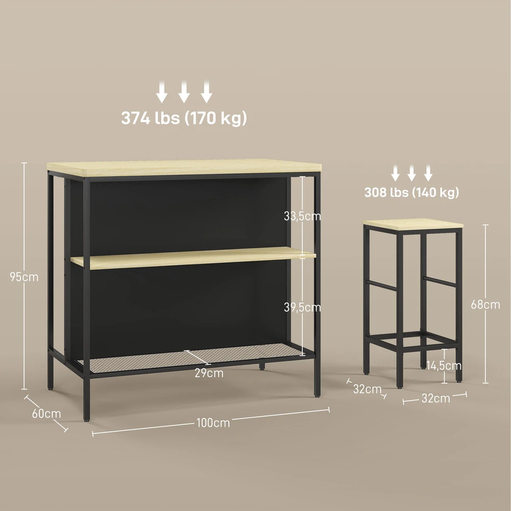 Aosom Barų komplektas, 2 baro taburetės ir 1 baro stalas, atsparus dėmėms, stabilus, plieno rėmas, ąžuolas / juoda