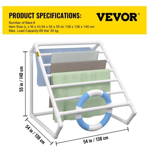 VEVOR Baseino rankšluosčių stovas, PVC, baltas, 8 skersiniai, 138 x 138 x 140 cm