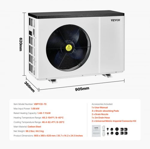 Koduva Baseino šilumos siurblys VEVOR VBPYCE-70, 1.48-7.11 kW, 15-30 m³ antžeminiams baseinams