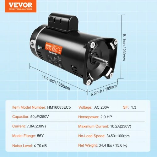 Koduva Baseino siurblio variklis VEVOR HM16085ECb, 56Y rėmas, 230 V, 3450 RPM