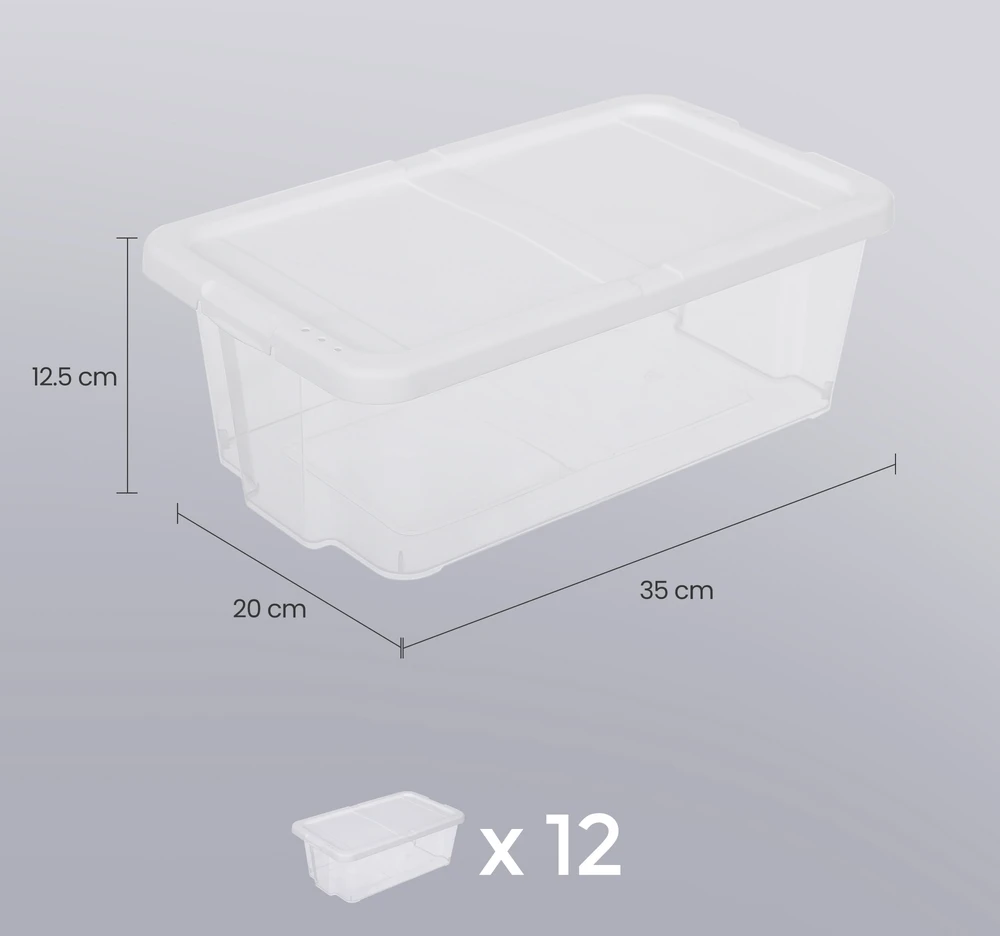 Koduva Batų dėžės, 12 vnt. rinkinys, su dangčiais, sukraunamos, PP plastikas, skaidrios/baltos, 35 x 20 x 12,5 cm