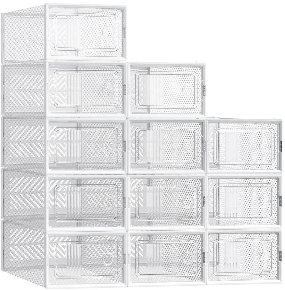 Songmics Batų dėžės, 18 vnt., sukraunamos, skaidriai baltos, 33,1 x 23 x 14 cm, iki 44 dydžio