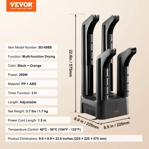 VEVOR Batų ir aulinių batų džiovintuvas su 4 nuimamais vamzdeliais, 200 W, juoda ir oranžinė, 23 x 23 x 58 cm