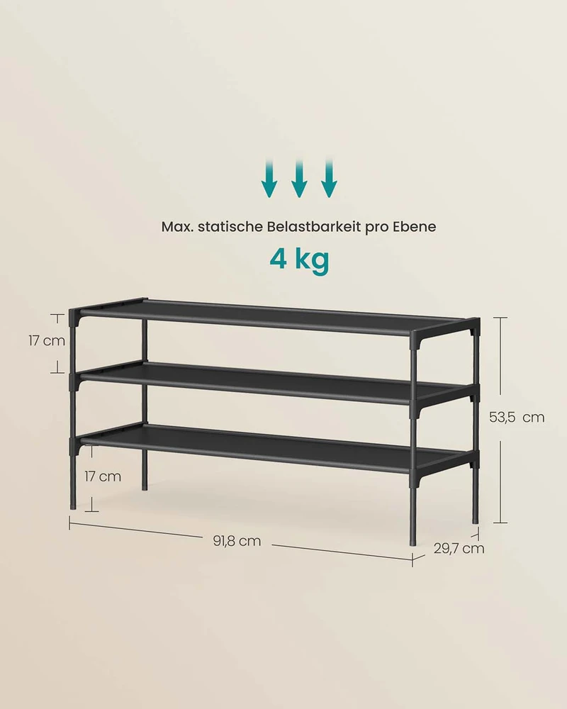 Koduva Batų lentyna, 3 aukštų, 29,7 x 91,8 x 53,5 cm, metalas ir neaustinis audinys, juoda