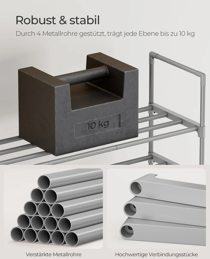 Koduva Batų lentyna su 10 lentynų, pilka, metalas ir plastikas, 45 x 30 x 174 cm