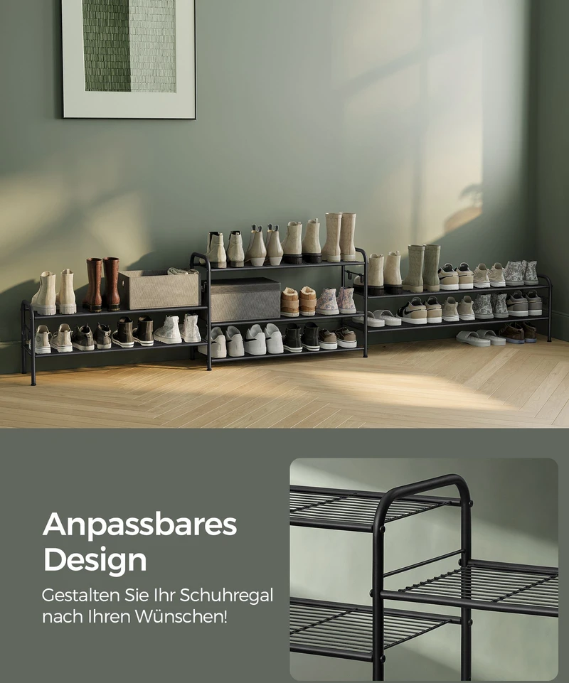 Songmics Batų lentyna su 3 lygiais, 2 tinklinėmis lentynomis ir 4 kabliukais, plieninė, juoda, 28 x 85 x 35 cm