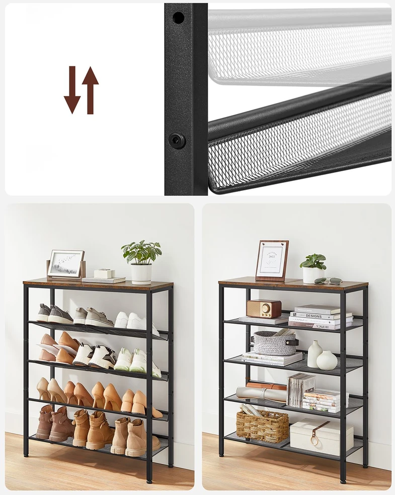 Koduva Batų lentyna su 5 pakopomis, 75 x 30 x 93 cm, medžio drožlių plokštė ir plienas, ruda-juoda