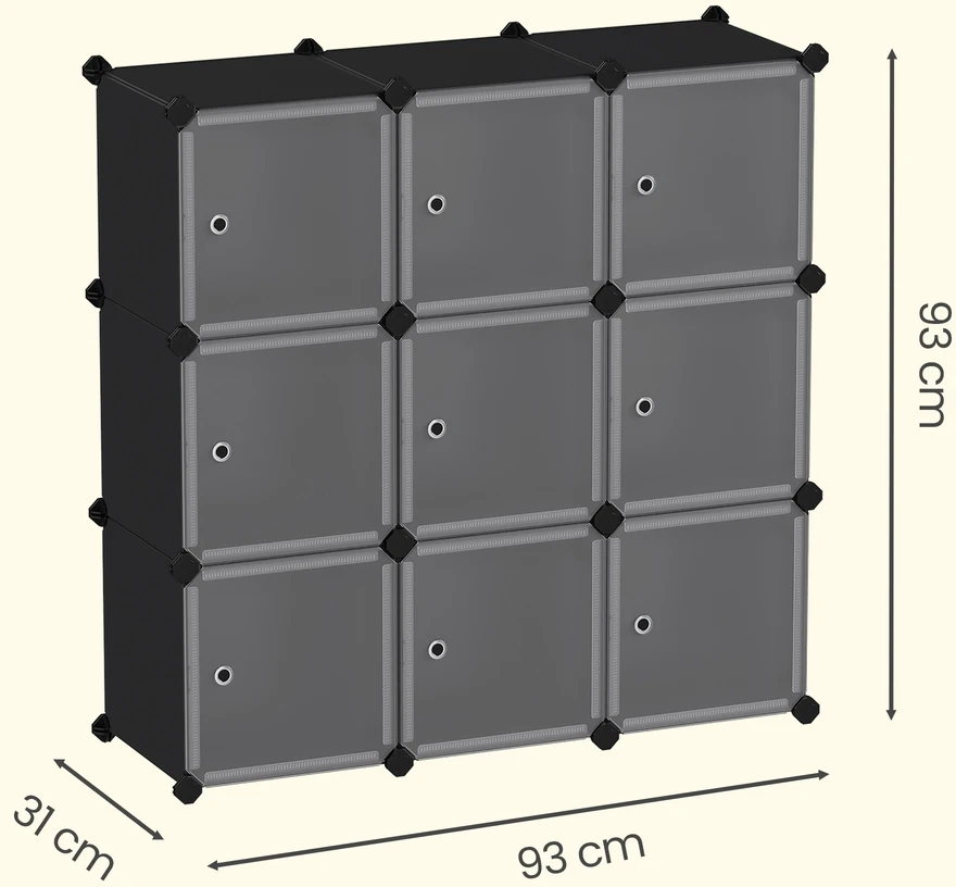 Songmics Batų lentyna su 9 kubais, plastikinė modulinė spinta su durimis, 93 x 31 x 93 cm, juoda