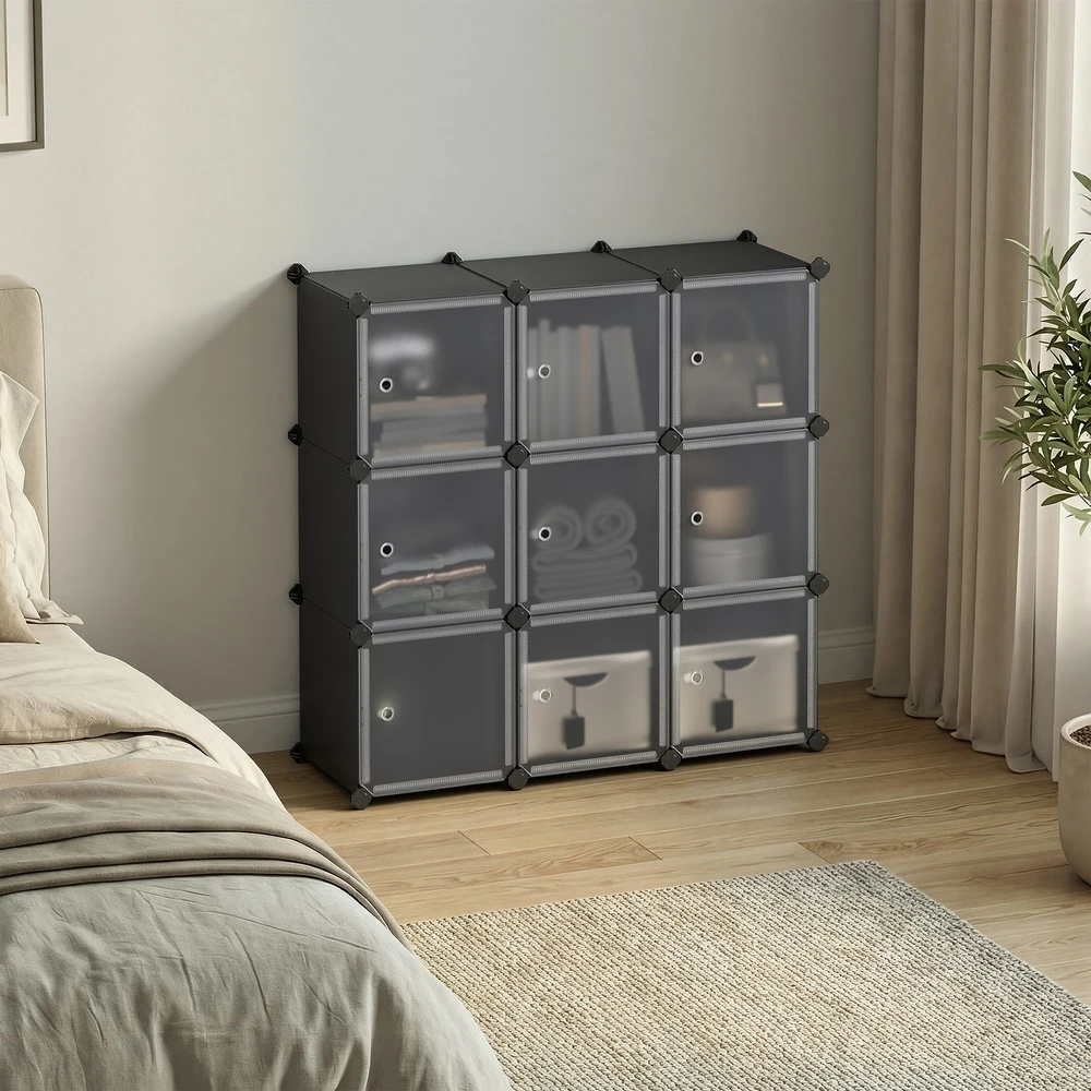Songmics Batų lentyna su 9 kubais, plastikinė modulinė spinta su durimis, 93 x 31 x 93 cm, juoda