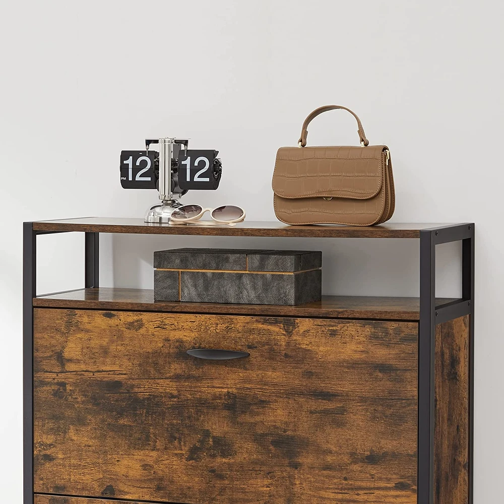 Songmics Batų spintelė su 3 atverčiamais skyriais, 15–18 porų, 80 x 30 x 130 cm, ruda-juoda