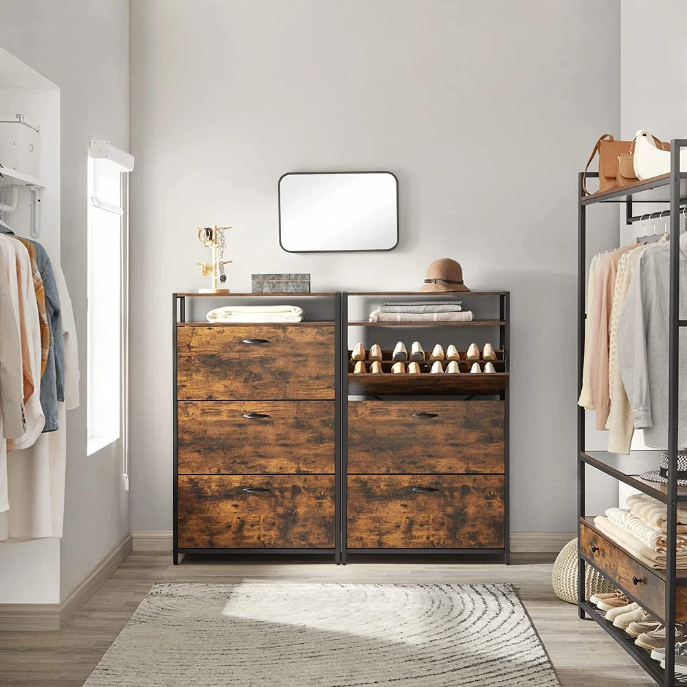 Songmics Batų spintelė su 3 atverčiamais skyriais, 15–18 porų, 80 x 30 x 130 cm, ruda-juoda