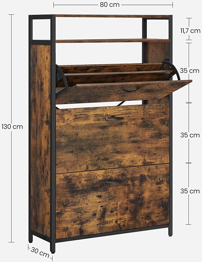 Songmics Batų spintelė su 3 atverčiamais skyriais, 15–18 porų, 80 x 30 x 130 cm, ruda-juoda