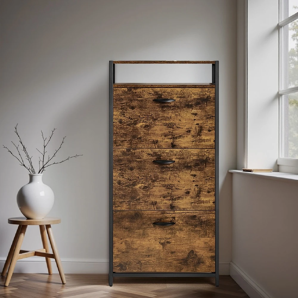 Songmics Batų spintelė su 3 atverčiamomis durelėmis, 15–18 porų, 60 x 30 x 130 cm, ruda-juoda
