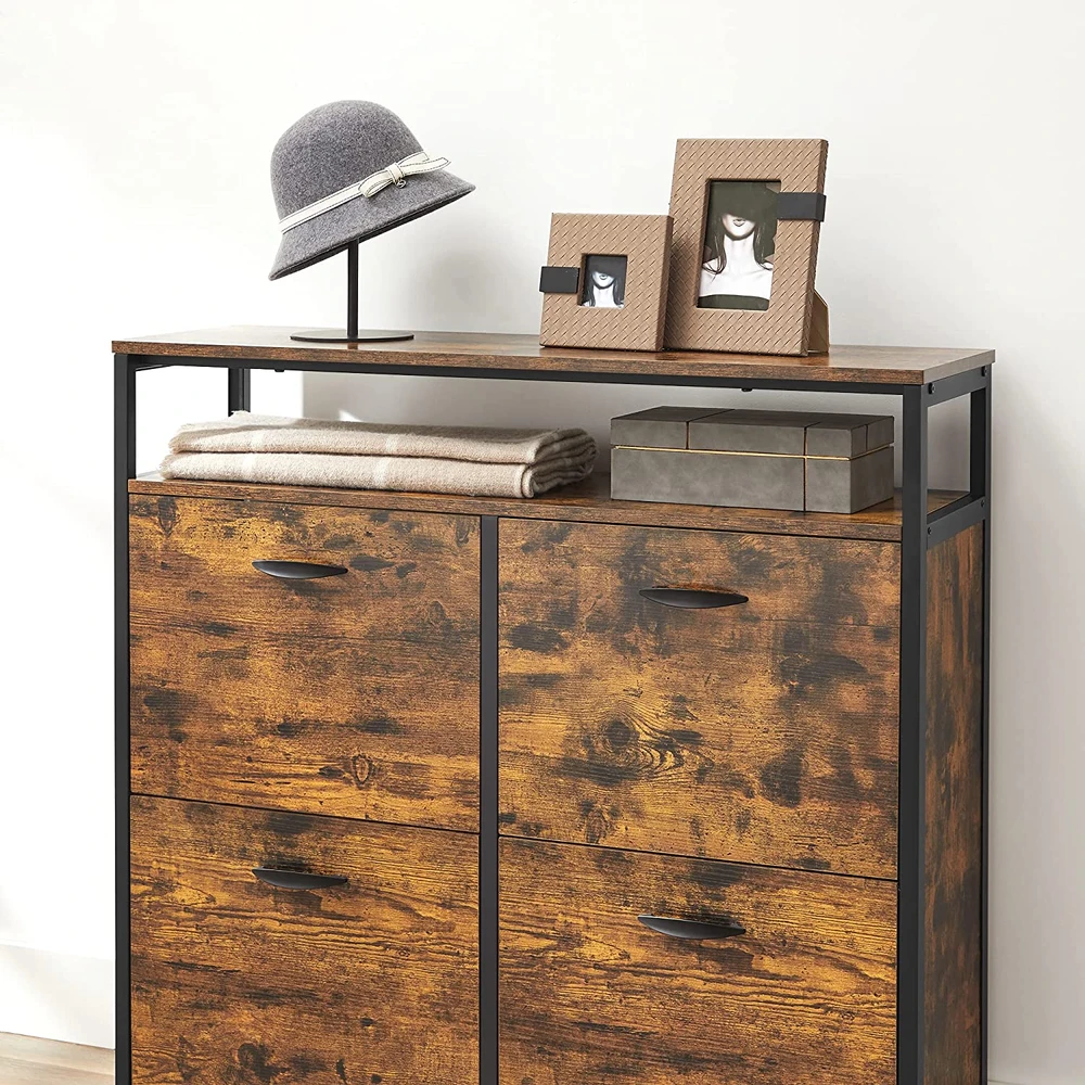 Songmics Batų spintelė su 4 atverčiamais skyriais, 98,3 x 30 x 95 cm, ruda–juoda