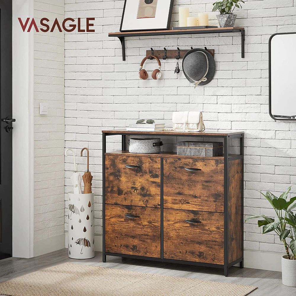 Songmics Batų spintelė su 4 atverčiamais skyriais, 98,3 x 30 x 95 cm, ruda–juoda