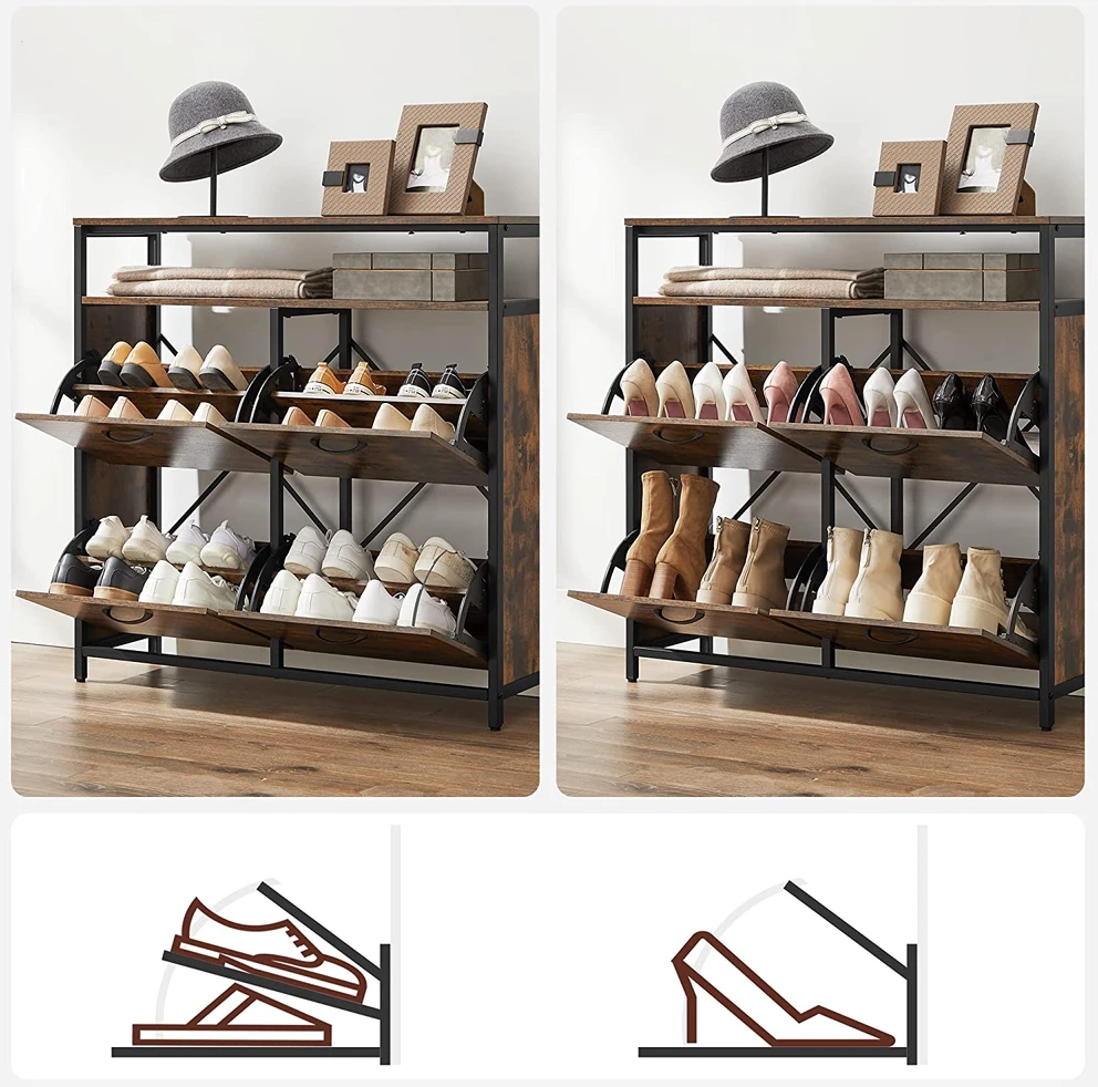 Songmics Batų spintelė su 4 atverčiamais skyriais, 98,3 x 30 x 95 cm, ruda–juoda