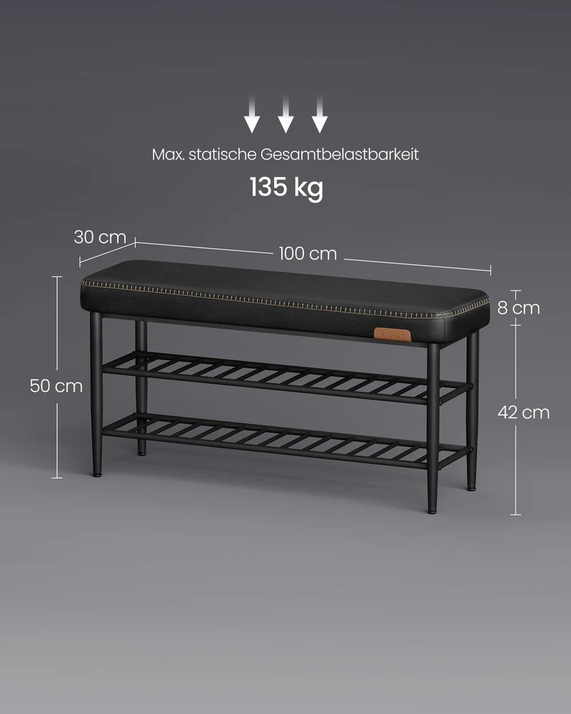 Koduva Batų suoliukas, 30 x 100 x 50 cm, plienas ir PU dirbtinė oda, juodos rašalo spalvos