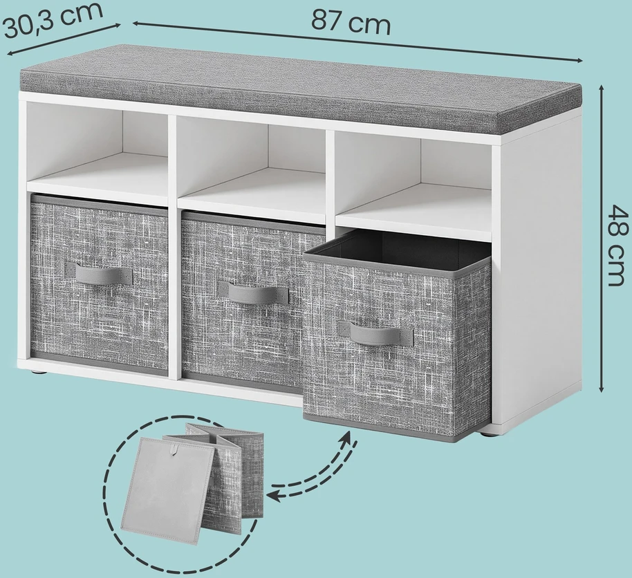 Koduva Batų suoliukas su 6 skyriais ir 3 dėžėmis, 87 x 30,3 x 48 cm, baltai pilkas