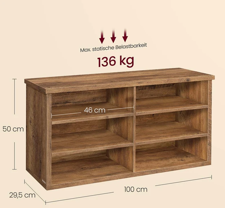 Koduva Batų suoliukas su daiktų laikymo vieta, 6 skyriais, reguliuojamomis lentynomis, 29,5 x 100 x 50 cm