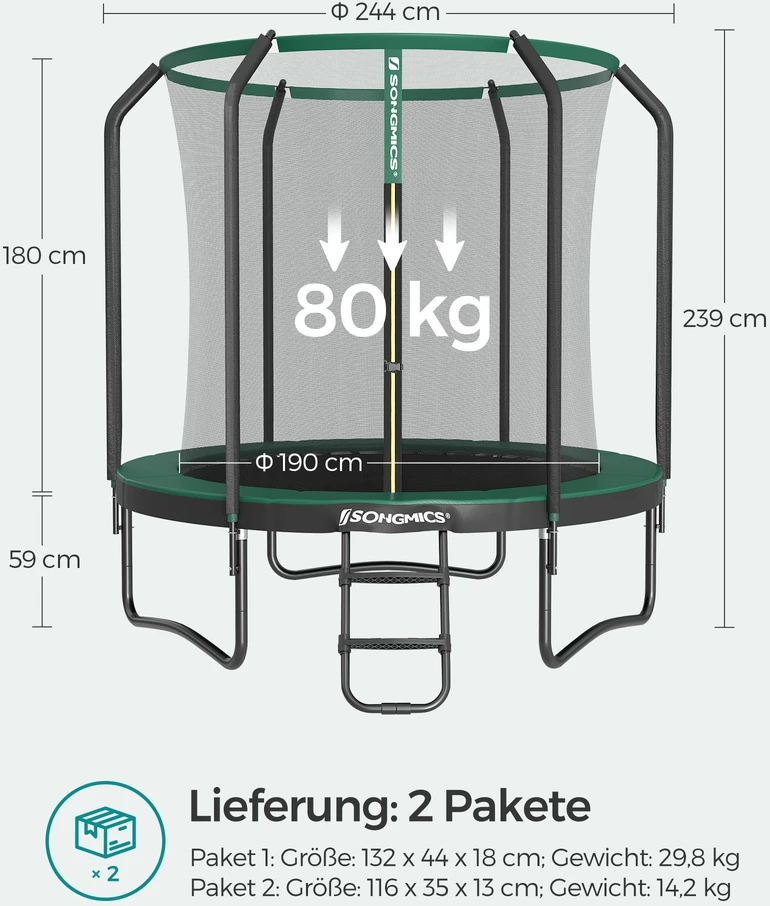 Koduva Batutas 244 cm skersmens, su vidiniu apsauginiu tinklu ir kopėčiomis, juodas/tamsiai žalias