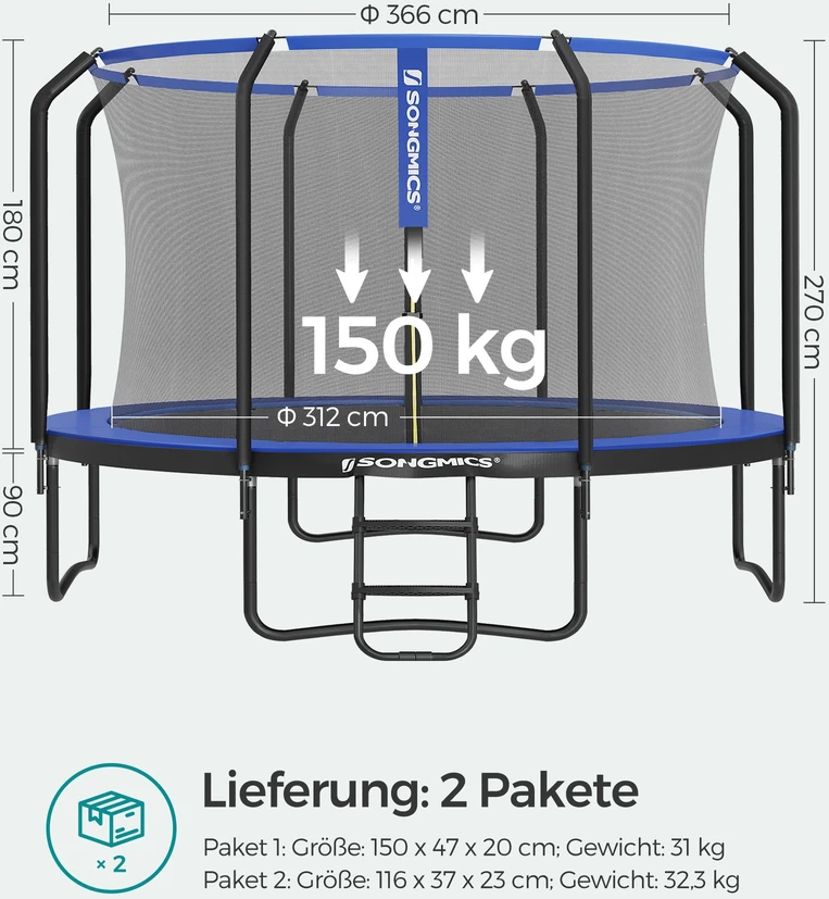 Koduva Batutas 366 cm, apvalus sodo batutas su apsauginiu tinklu ir kopėčiomis, tamsiai mėlynas