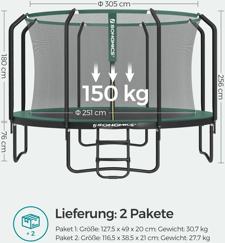 Koduva Batutas sodui, apvalus, 305 cm, su apsauginiu tinklu ir kopėčiomis, juodas/tamsiai žalias