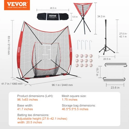 VEVOR Beisbolo ir softbolo treniruočių tinklas, 213 x 213 cm, 12 kamuoliukų, stovas, surinktuvas ir krepšys