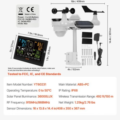 VEVOR Belaidė meteorologinė stotis 7-in-1, su 19 cm spalvotu ekranu