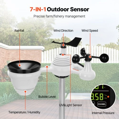 VEVOR Belaidė meteorologinė stotis 7-in-1, su 19 cm spalvotu ekranu