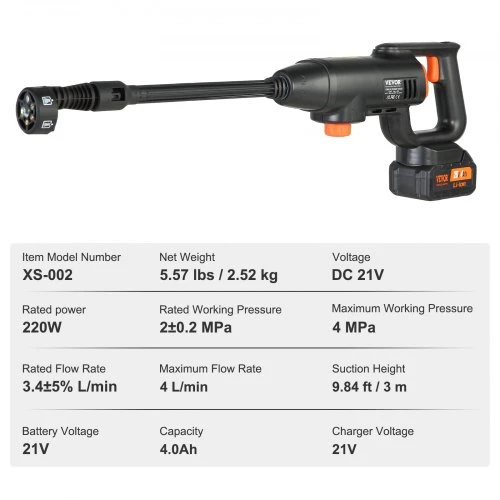 VEVOR Belaidis aukšto slėgio ploviklis XS-002, 220 W, 21 V, su 4,0 Ah akumuliatoriumi ir 6 viename antgaliu
