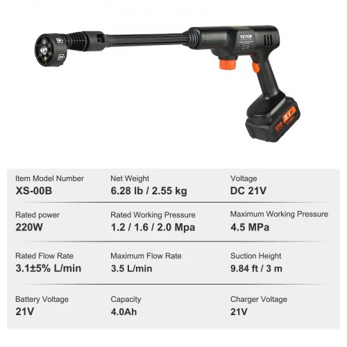 VEVOR Belaidis aukšto slėgio ploviklis XS-00B, 4,5 MPa, 3,5 l/min, su 4,0 Ah akumuliatoriumi ir 6 viename antgaliu