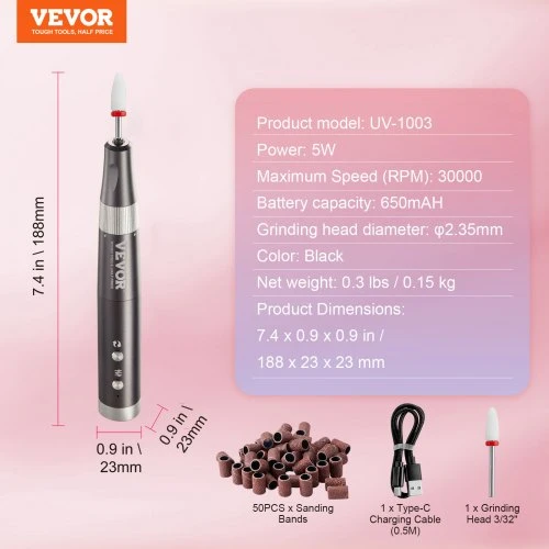 VEVOR Belaidis įkraunamas nagų gręžtuvas UV-1003, 30000 RPM, juodas, su 50 šlifavimo juostų