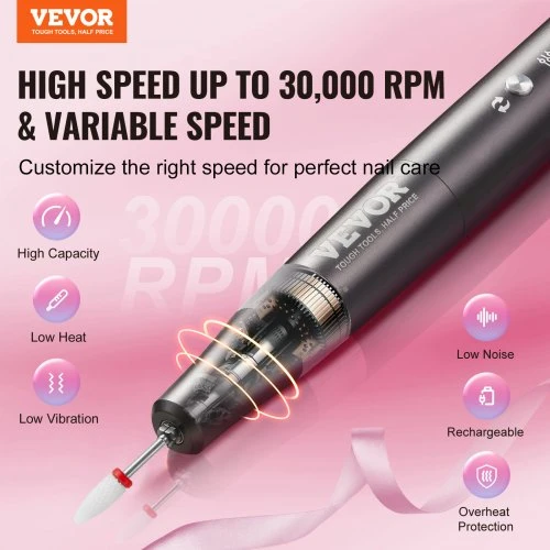 VEVOR Belaidis įkraunamas nagų gręžtuvas UV-1003, 30000 RPM, juodas, su 50 šlifavimo juostų
