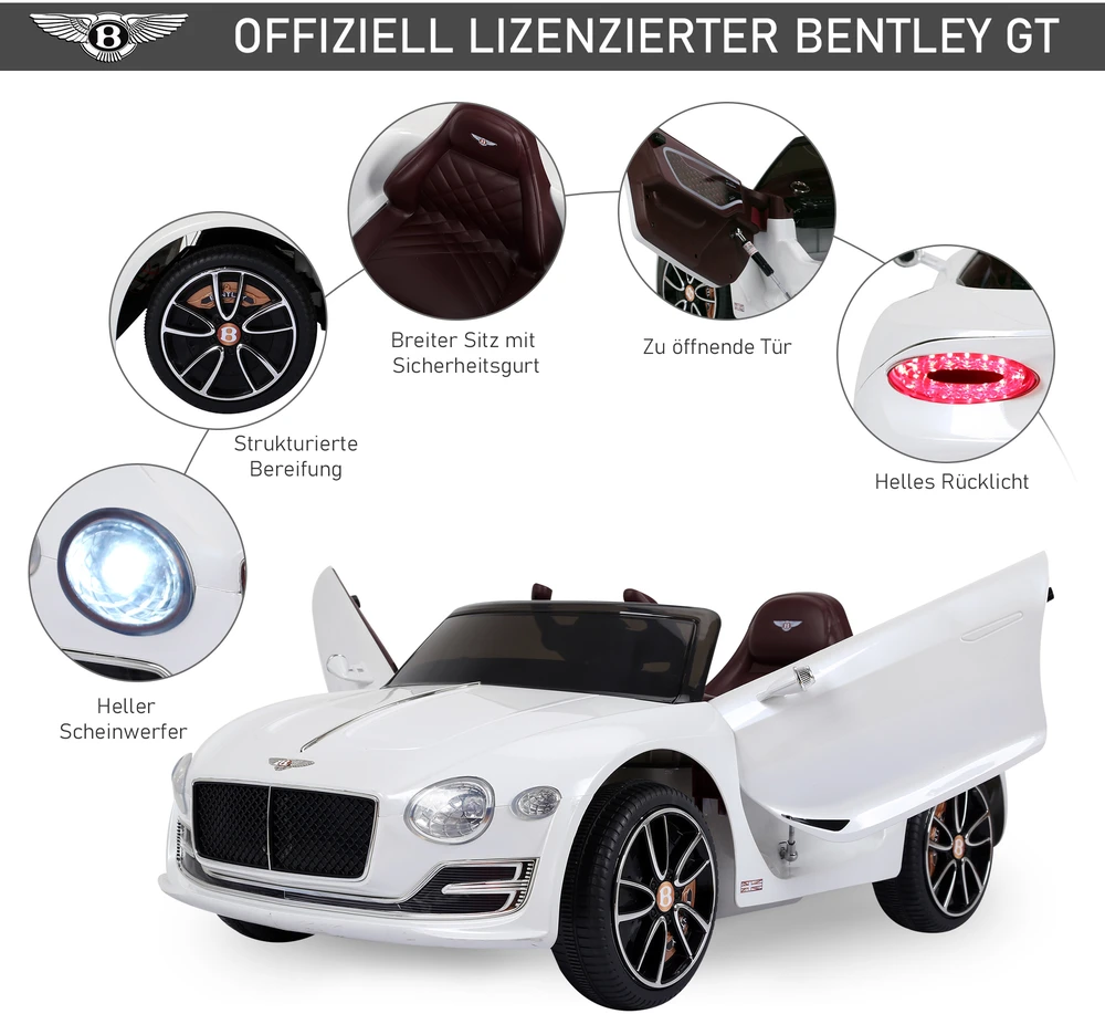 Aosom Bentley GT licencijuotas elektrinis vaikiškas automobilis, baltas, 108 x 60 x 43 cm
