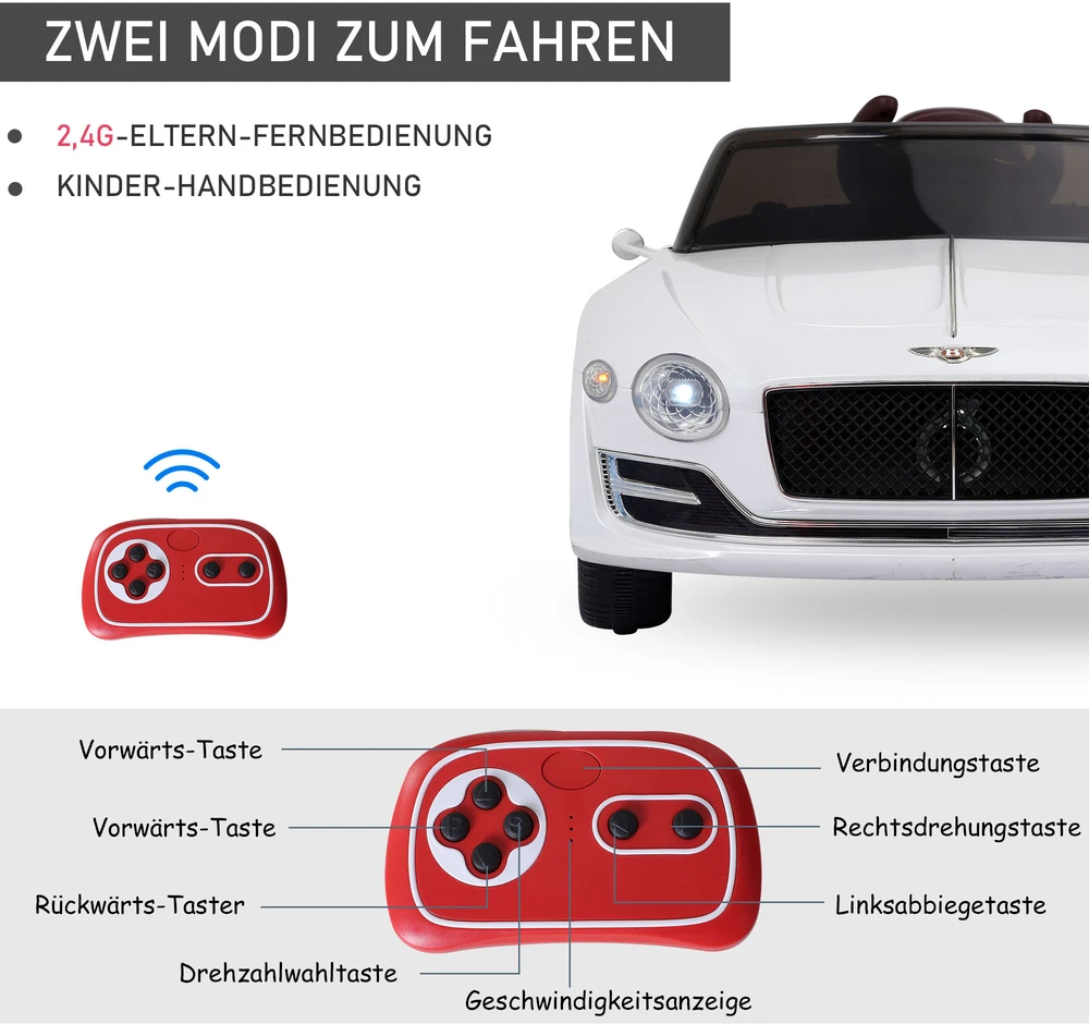 Aosom Bentley GT licencijuotas elektrinis vaikiškas automobilis, baltas, 108 x 60 x 43 cm