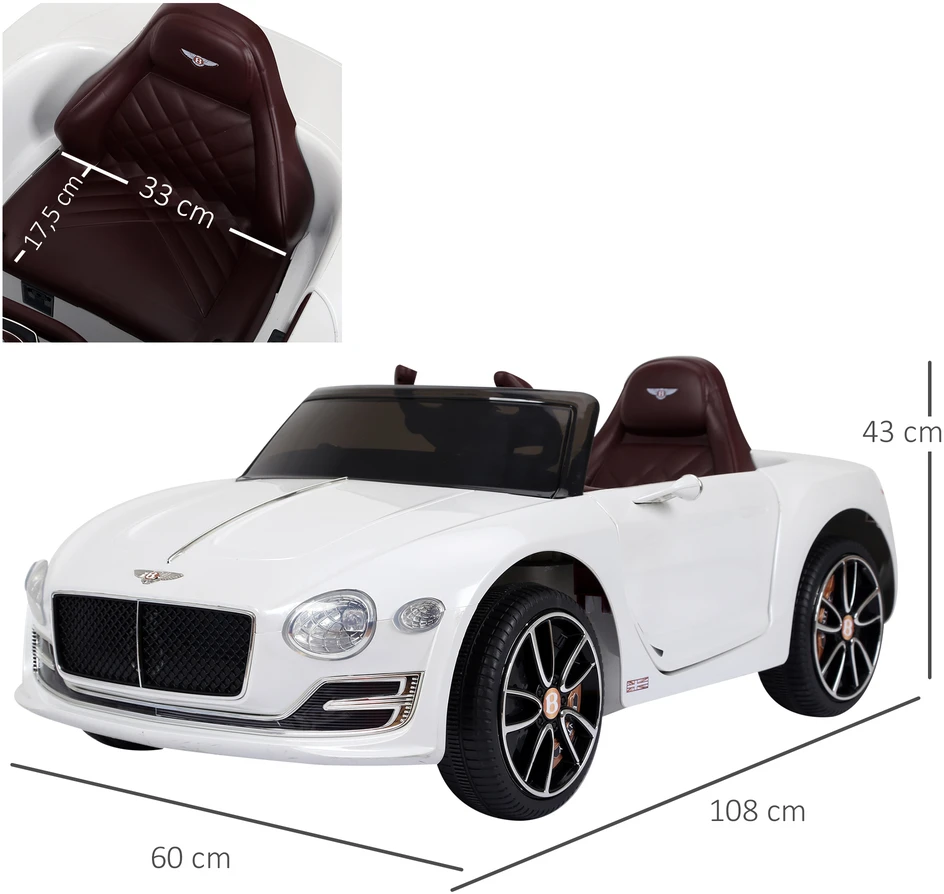 Aosom Bentley GT licencijuotas elektrinis vaikiškas automobilis, baltas, 108 x 60 x 43 cm