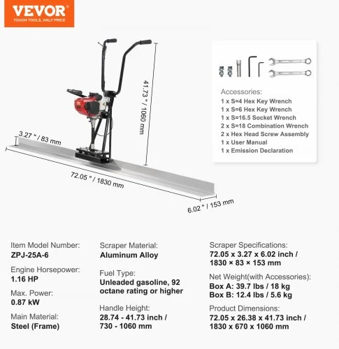 Koduva Benzininė betono lyginimo vibroliniuotė VEVOR ZPJ-25A-6, su 183 cm aliuminio liniuote, 0,87 kW, 6500 aps./min.