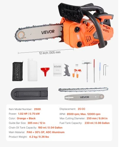 VEVOR Benzininis grandininis pjūklas 2500, 25 cc, 0,75 kW, 31 cm, oranžinis / juodas