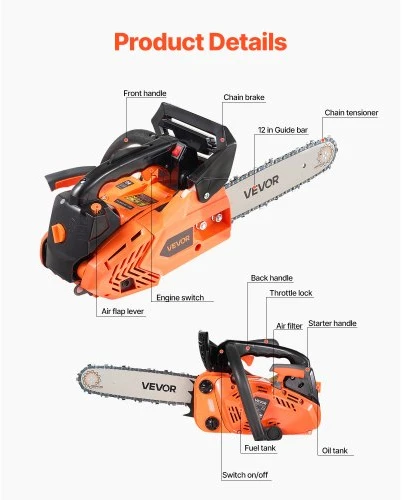 VEVOR Benzininis grandininis pjūklas 2500, 25 cc, 0,75 kW, 31 cm, oranžinis / juodas