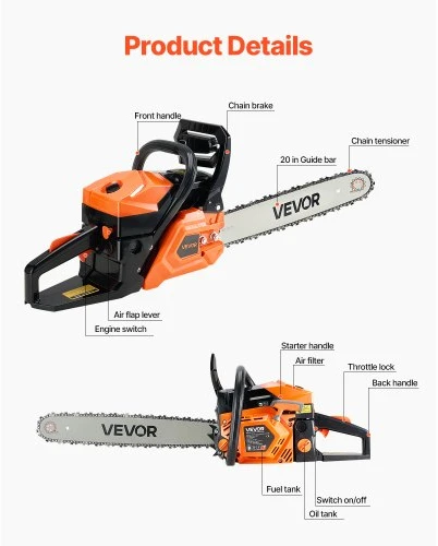 VEVOR Benzininis grandininis pjūklas 6200, 2,7 kW, 51 cm, oranžinė / juoda