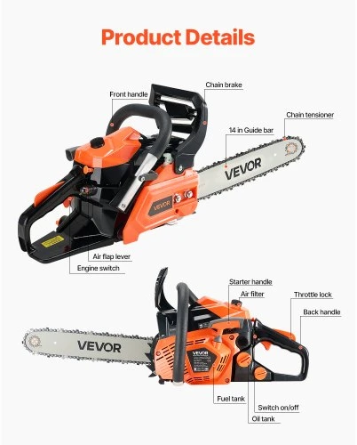 VEVOR Benzininis grandininis pjūklas 4000, 40 cc, 1,3 kW, 36 cm, oranžinė / juoda